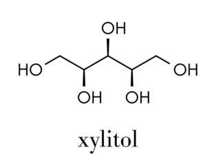 Xylitol artificial sweetener molecule. Used as sugar substitute. Skeletal formula.