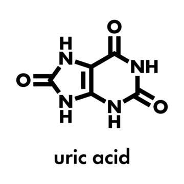 Uric acid molecule. High blood levels lead to gout disease. Skeletal formula.