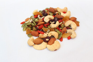 The healthy snack with ailmonds, nuts, dried grapes, pumkin seed and more of dried fruits. Focus in the middle and blurred around