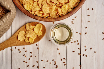 wooden kitchen items food muesli view from above