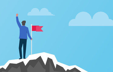 Man holding red flag on top of mountain illustration. Successful concept