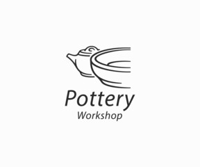 Dishes from clay logo design. Pottery kitchenware vector design. Ceramic pot by molding clay on throwing wheel logotype