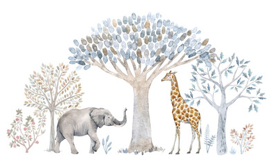 Beautiful composition with hand drawn watercolor cute trees and safari animals. Stock illustration.