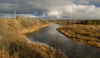 Beautiful river bend on a autumn day. Kuldiga, Latvia.