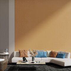 Modern living room with sofa front of the orange wall