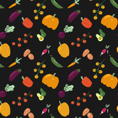 Organic Veggie seamless pattern with fresh cucumber, cherry tomato, eggplant, carrot, beetroot, pumpkin, radish and potato. Hand drawn vector ornament on black background
