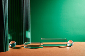 Abstract background for branding and minimal presentation. Glass podium on green folding paper...