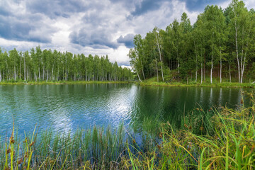 Forest on the shore of the lake. Reflection of the sky and forest in the water.
