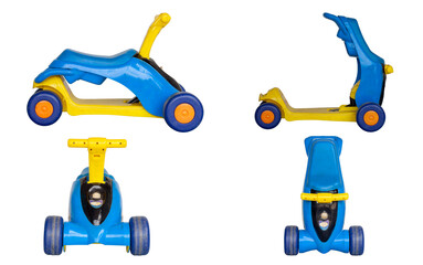 Plastic bikes that can transform into a scooter for kids isolated on white background included clipping path.