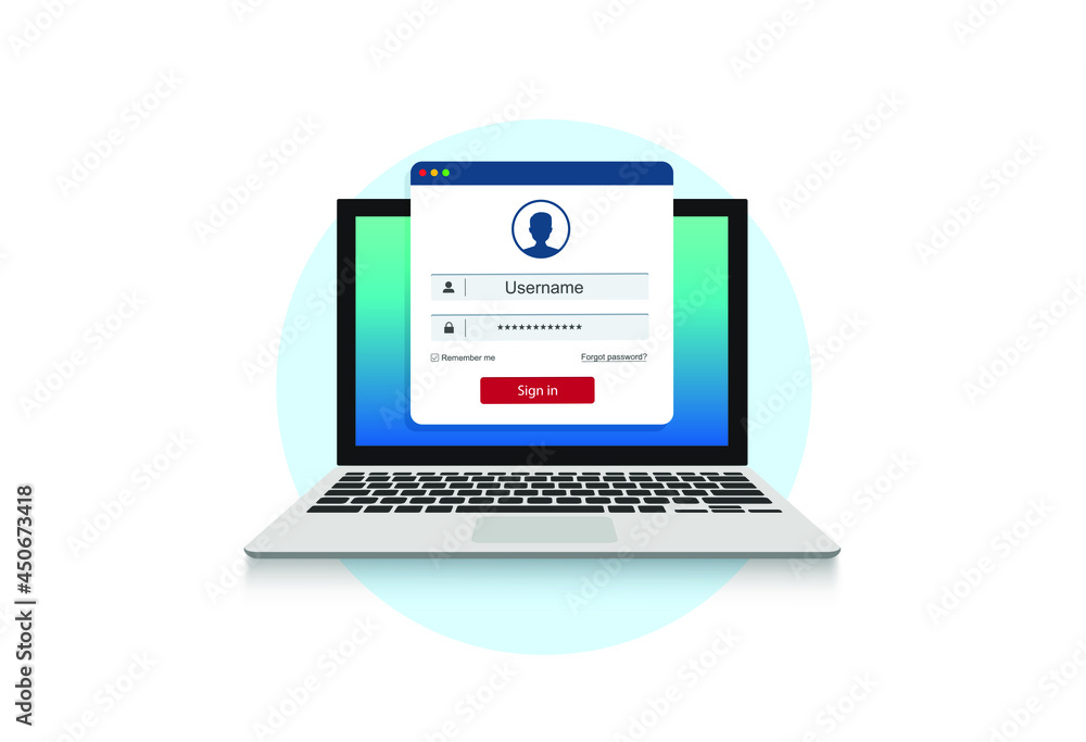 Poster sign in to account, user authorization, login authentication page concept. laptop with login and pas