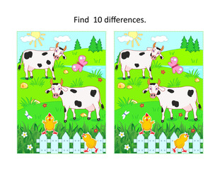 Find ten differences picture puzzle with milk cows grazing on the pasture, fence, playfull chicks
