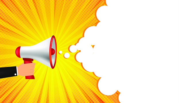 Loudspeaker, megaphone. Advertising, announcement, attention banner. Vector illustration in style comic pop art.
