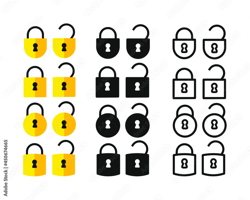 Poster locks icons set. locked and unlocked lock. collection icon of close and open lock. lock and unlock s