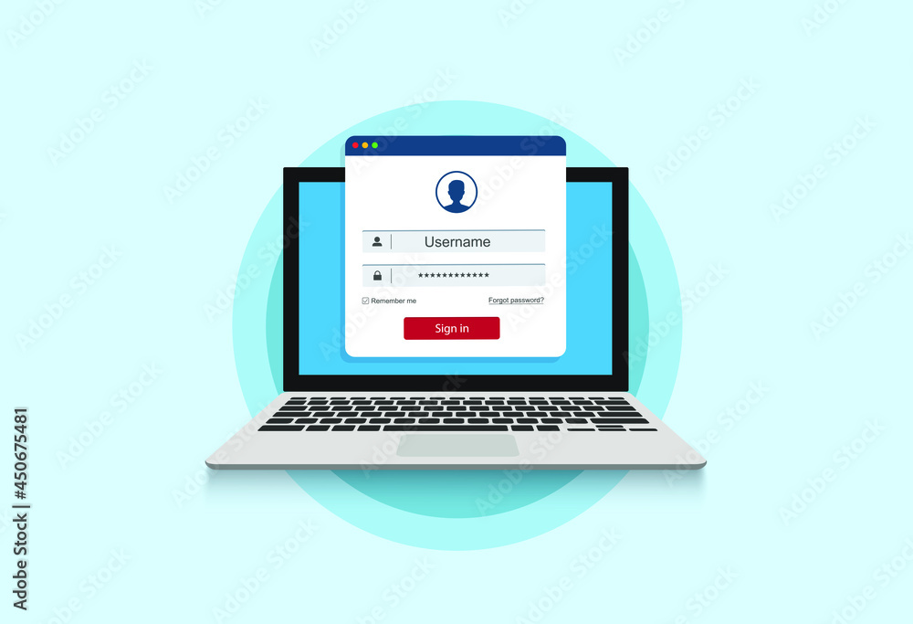 Poster laptop with login and password form page on screen, registration page. sign in page, user authorizat