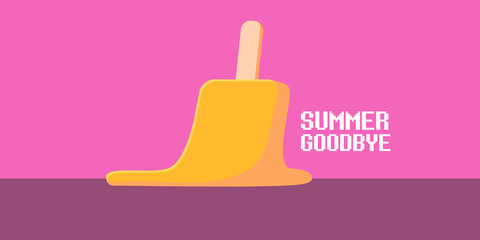 vector goodbye summer vintage concept horizontal illustration with orange melt ice creamon on pink background. End of summer horizontal background or banner