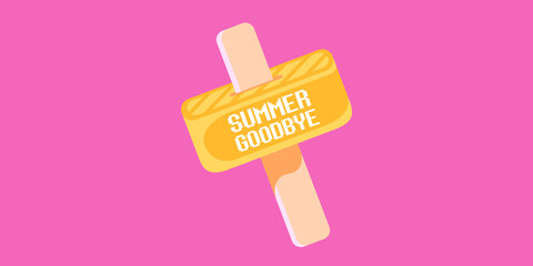 vector goodbye summer vintage concept horizontal illustration with orange melt ice creamon on pink background. End of summer horizontal background or banner