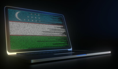 Open laptop and computer code on the screen composing flag of Uzbekistan. Modern information technology related 3d rendering