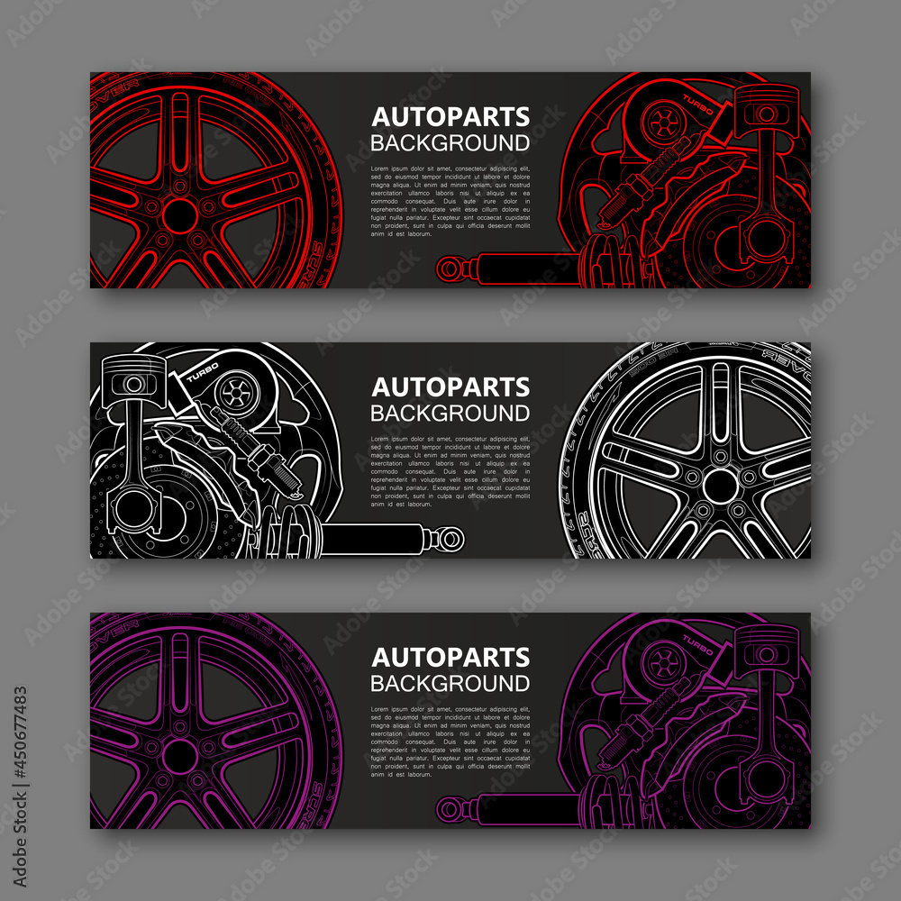 Poster Auto parts banner. Modern template vector design. Vector car service design auto parts template. Header Design Elements. Abstract auto parts banner template background. Collection car service design