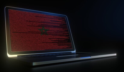 Laptop and source code on the screen composing flag of Morocco. National information technology related 3d rendering