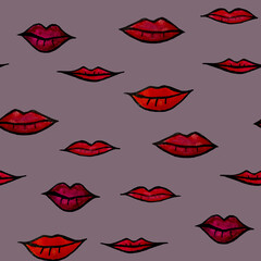 Seamless large-size raster pattern with watercolor drawings of lips in red and pink shades on a lilac background. For fabric, for umbrellas and wrapping paper. For pastel linen and children's clothin