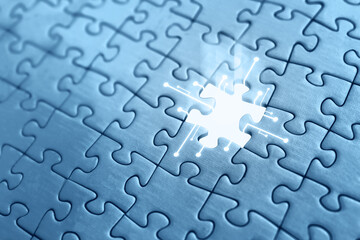 Jigsaw puzzle with one missing piece. Networking, online data and internet security system - 450678090