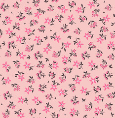 Seamless floral pattern. Liberty background of small pink flowers. Folk flowers scattered over a light pink background. Stock vector for printing on surfaces and web design.
