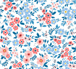 Vector seamless pattern. Pretty pattern in small flowers. Small pink and pale blue flowers. White  background. Ditsy floral background. The elegant the template for fashion prints. Stock vector.