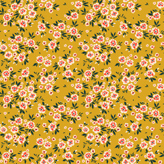 Vintage floral background. Floral pattern with small white and red  flowers on a yellow mustard background. Seamless pattern for design and fashion prints. Ditsy style. Stock vector illustration.
