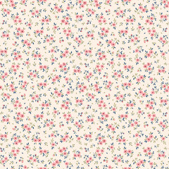 Vintage floral background. Floral pattern with small pink flowers on a ecru background. Seamless pattern for design and fashion prints. Ditsy style. Stock vector illustration.