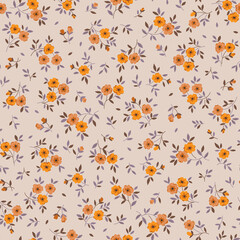 Vintage floral background. Floral pattern with small yellow flowers on a ivory background. Seamless pattern for design and fashion prints. Ditsy style. Stock vector illustration.