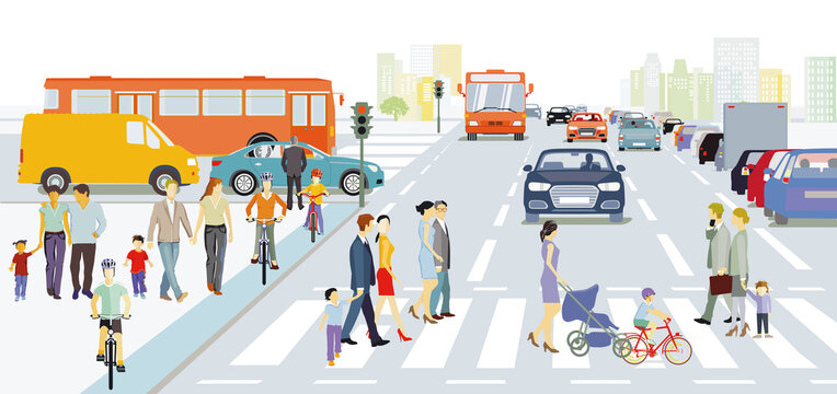 Stadtsilhouette mit Menschen auf dem Bürgersteig und Straßenverkehr Illustration