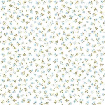 Vintage floral background. Floral pattern with small light blue flowers on a white background. Seamless pattern for design and fashion prints. Ditsy style. Stock vector illustration.