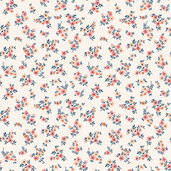 Vintage floral background. Floral pattern with small coral pink flowers on a white background. Seamless pattern for design and fashion prints. Ditsy style. Stock vector illustration.