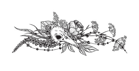 Vector illustration of black and white bird skull, flowers and branches isolated on white background. Mystical totem simbol.