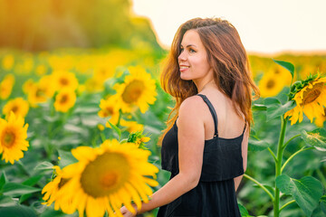Naklejka na ściany i meble A charming young woman in a dress in a field of sunflowers. A beautiful concept of a summer holiday