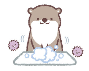 手を洗って除菌するカワウソ