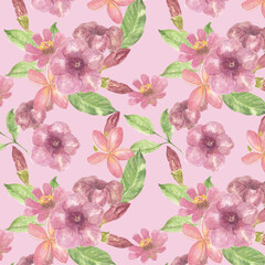 Pink flowers and leaves seamless pattern background, watercolor hand drawn