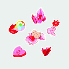 Set of vector love icon stickers. Lip sticker heart hearts gum cookie crystals and text be mine. Illustration of romantic stickers in flat minimalist style