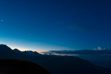 Early morning t in the Caucasus mountains in Sochi. The starry sky. Picturesque colors. Stunning scenic view of nature.