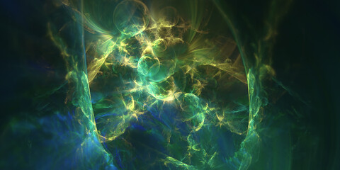 Abstract fractal art background in green, blue and yellow. I think it looks like a nebula with gas planets. - obrazy, fototapety, plakaty