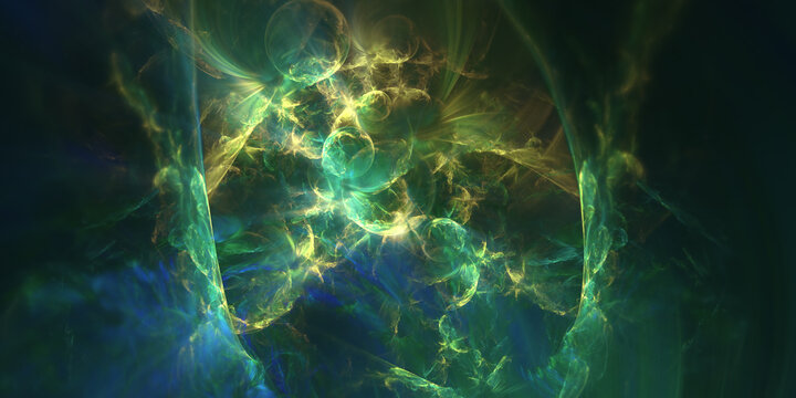 Fototapeta Abstract fractal art background in green, blue and yellow. I think it looks like a nebula with gas planets.