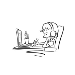 Boy is learning from home using laptop. Online education. E-learning. Isolated on white background.