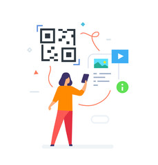 woman reads the barcode through the phone. Flat illustration Icons infographics. Landing page site print poster.