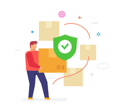 man received a secured parcel . Smartphones tablets user interface online shopping. Flat illustration Icons infographics. Landing page site print poster.