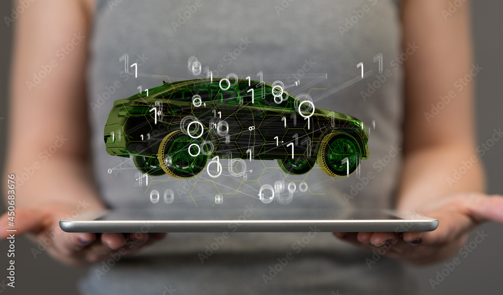 Poster autonomous car with hud graphic of navigation system driving