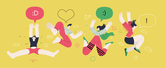 Happiness - happy people jumping in the air cheerfully