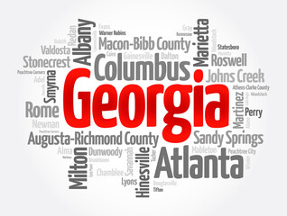 List of cities in Georgia USA state, word cloud concept background