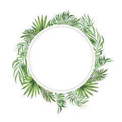 Fototapeta na wymiar Green tropic palm leaf round frame. Hand drawn watercolor illustration.