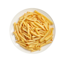 Yummy golden French fries on white background, top view