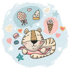 Cute tiger sleeps and has sweet dreams.Children's print for fabric, T-shirt, poster, postcard, baby shower.